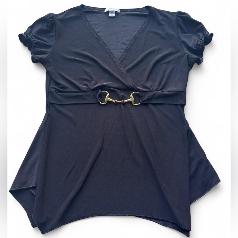 ✨DRESSBARN BLACK TOP GOLD CHAIN FLAIR HEM PRINCESS SLEEVE✨ - Picture 1 of 4